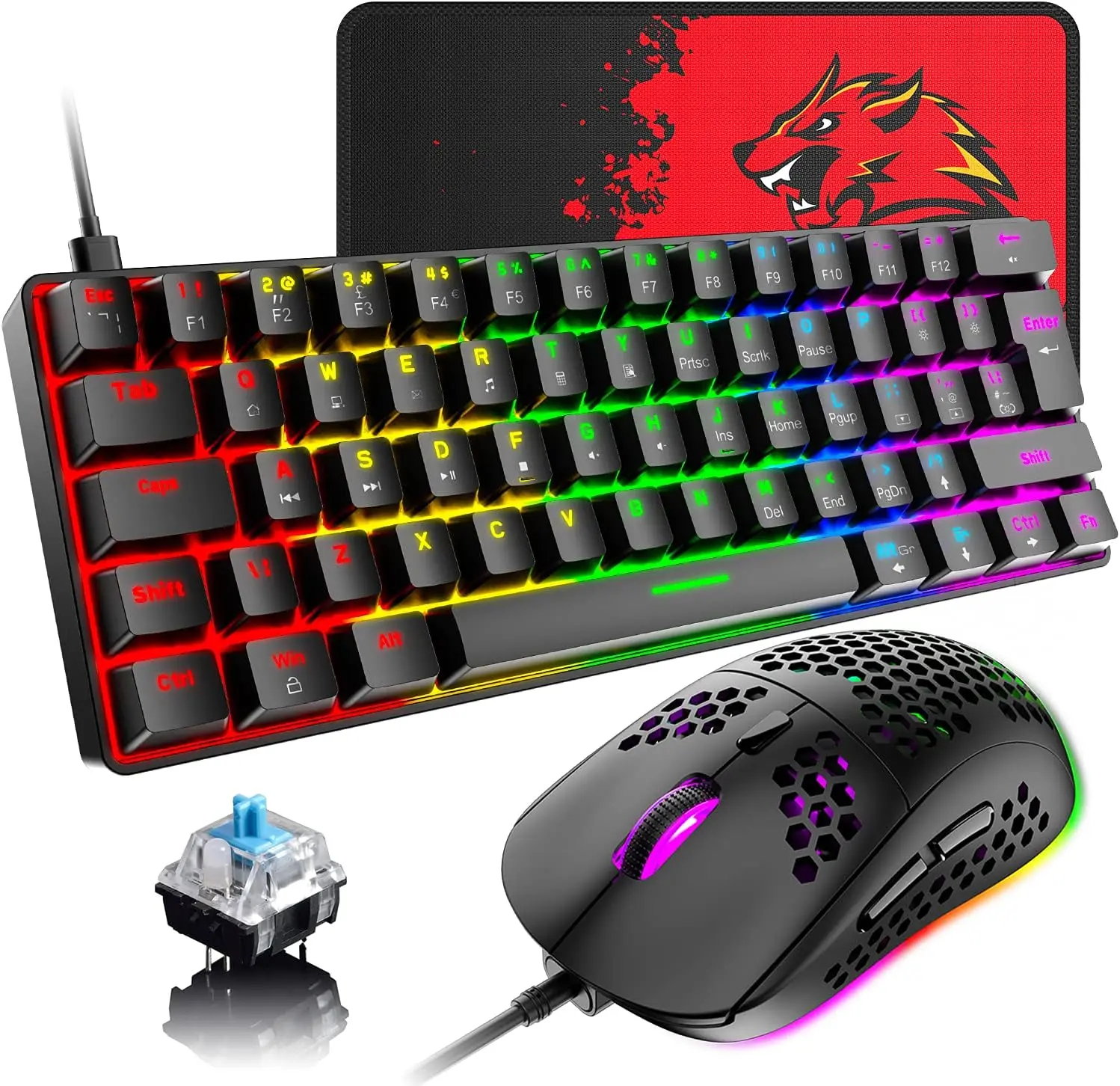 MAMBASNAKE T60 60% Wired Mechanical Gaming Keyboard and Mouse Combo, Ultra-Compact Mini 62 Keys Type C Chroma 20 Rainbow Backlit