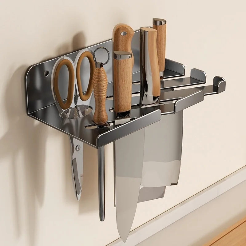 Stainless Steel Wall Mount Knife Holder Multifunctional Kitchen Organizer Rack Storage Stand for Kitchen Knives Scissors