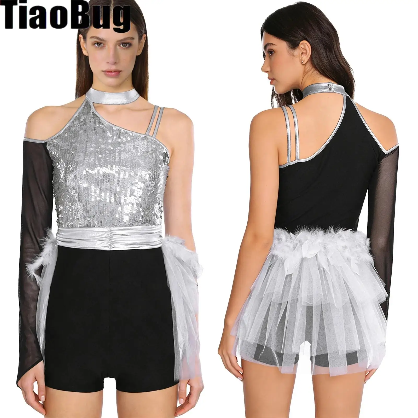 

Womens Spanish Dance Irregular Bodysuit One Shoulder Long Sleeve Shiny Sequin Feather And Tiered Jumpsuit for Latin Chacha