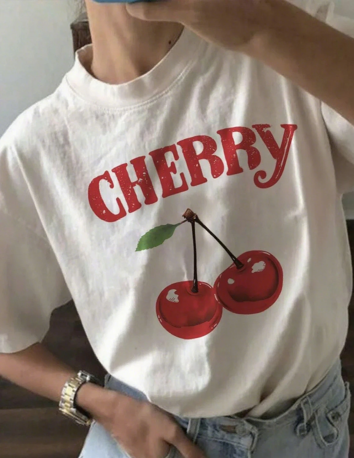 Cherry Print Women Fashion T-Shirt O-Neck Tops Tees Floral Graphic Short Sleeve Odzież Damska Casual Streetwear