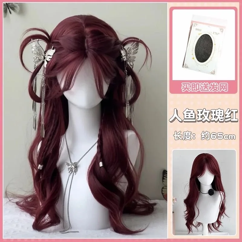 Rode pruik, lang haar, kunstmatig gesimuleerd haar anime spelaccessoires, cosplay, volledig hoofddeksel, krullend haar, fotoshow rekwisieten