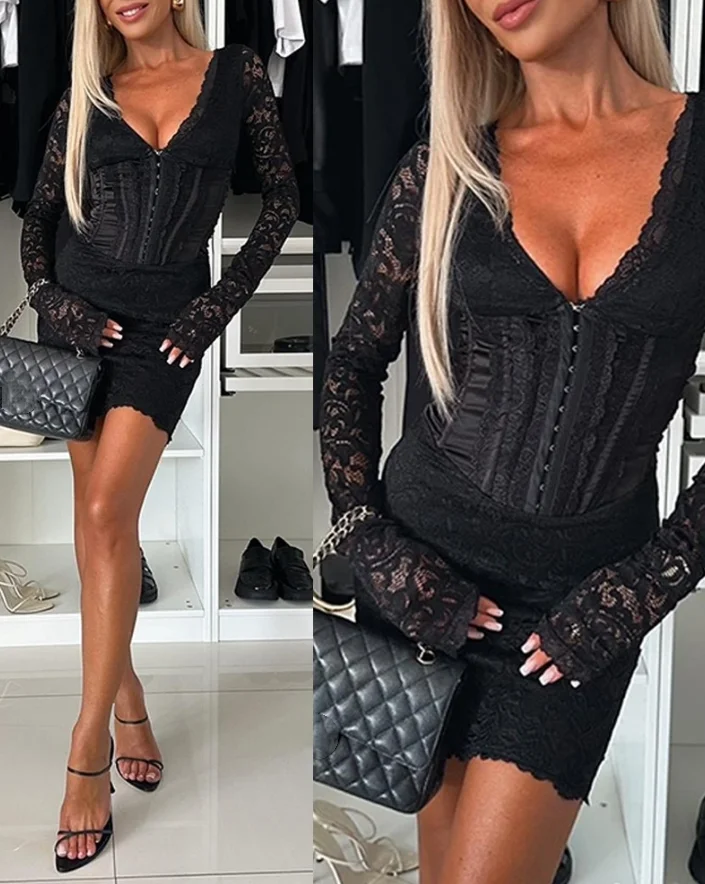 

Fashionable New Dress Deep V-Neck Long Sleeve Hook Front Corset Lace Bodycon Dress Sexy Perspective Elegant Dress for Women