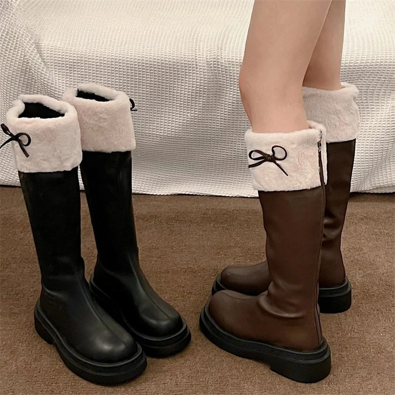 

Осенне-зимние короткие плюшевые женские сапоги до колена, модные рыцарские длинные ботинки с круглым носком, botas de inverno feminina