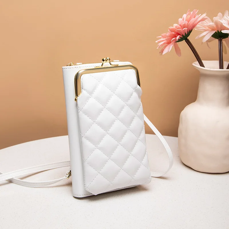 women's clip Card bag new fashion rhombic embroidery thread vertical crossbody wallet metal open shoulder phone bag coin purse