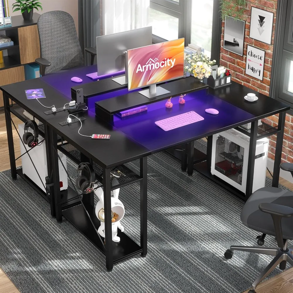 

Armocity Computer Desk with LED Lights, 48 Inch Reversible Large Desk with Power Outlet and USB, 48'' Gaming PC Table