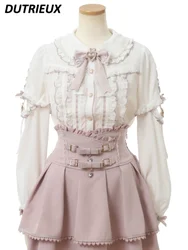 Japanese Early Spring New Mine Sweet Bow Detachable Sleeves Lolita Shirt for Women Elegant Lace Stitching Blouse Top Female