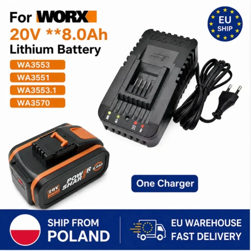 8,0Ah 20V Lithium-Ionen-Akku für Worx PowerShare Akku-Bohrschrauber, Schleifer, Säge, Gartenwerkzeuge, ersetzt WA3551 WA3553, EU-Lagerbestand