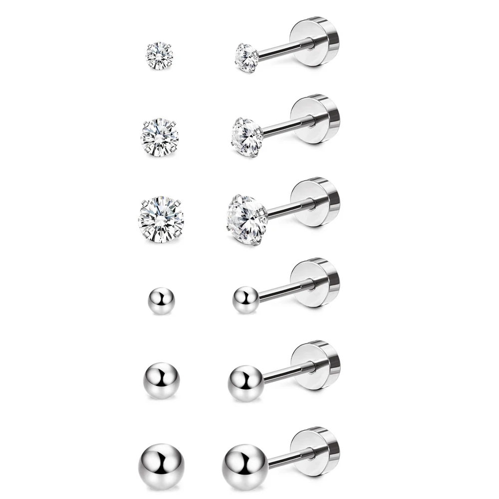 1-6 Pairs 18G Stainless Steel Small Tiny Cubic Zirconia Ball Screw Back Cartilage Helix Piercing Stud Earrings for Women Men