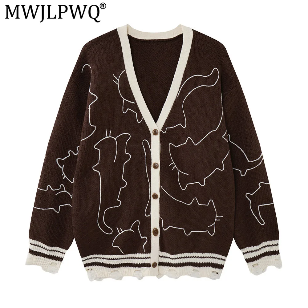 MWJLPWQ Pattern Jacquard V-Neck Cardigan Sweater For Men Spring Autumn Casual Loose Fit Distressed Crochet Knit Tops Trend 20566