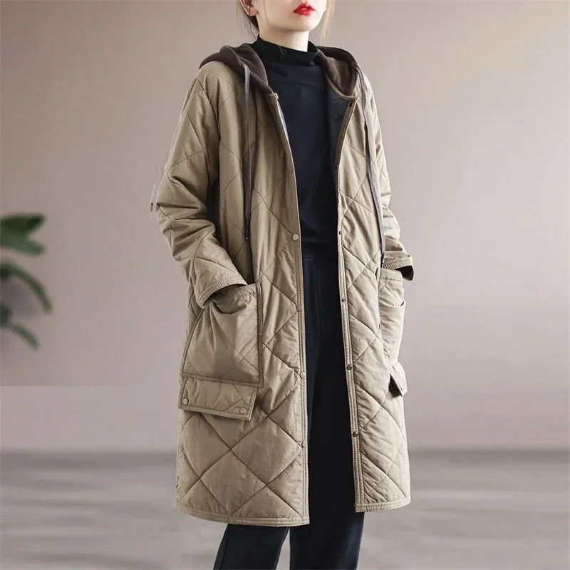 New Mid-Length Down Jacket for Women, Hooded Cotton-Padded Coat, Lightweight, Warm, Loose, Casual, Western Sle, Winter Oute