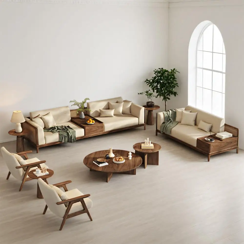 

New Chinese-style North American black walnut solid wood sofa Zen modern Song-style aesthetics living room large apartment