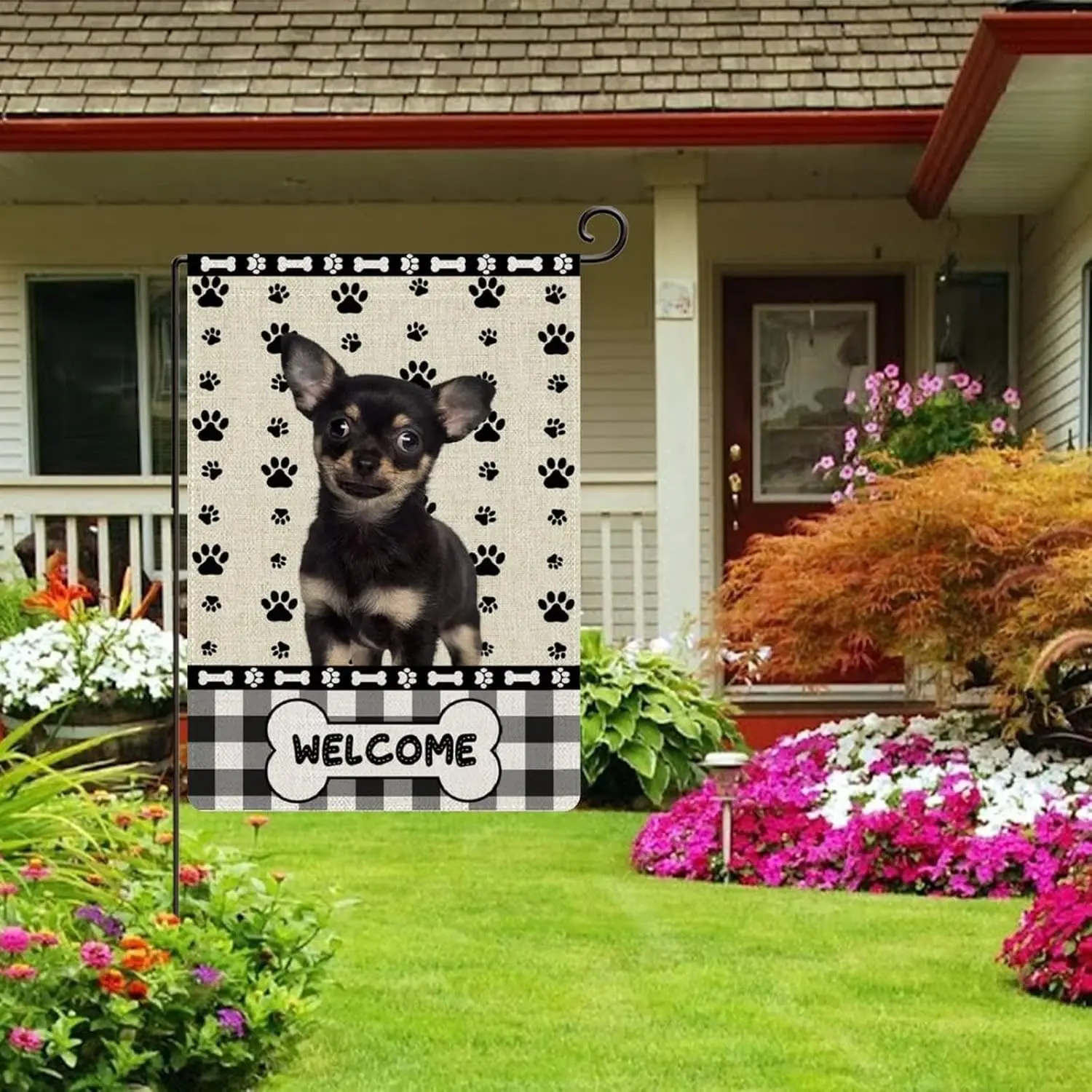 Dog Lover Gift,Dog Welcome with Paw Prints Garden Flags 12x18 Double Sided Decorative Chihuahua Yard Flags Burlap Farmhouse for