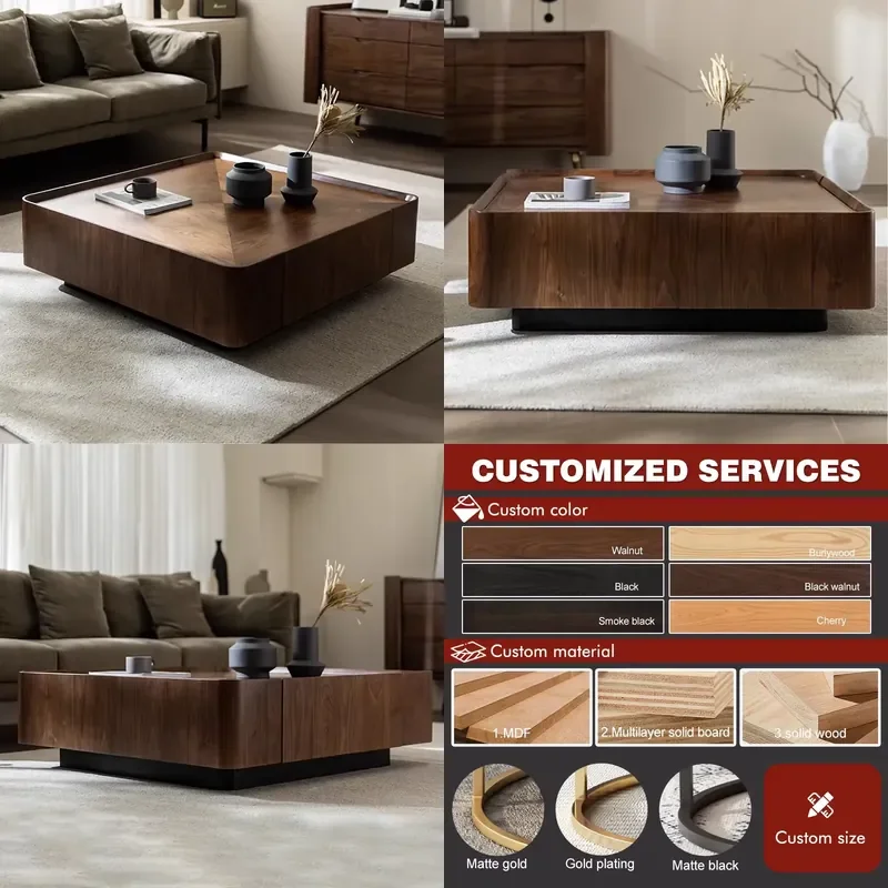Modern Nordic Living Room Coffee Table RS002 Square Walnut Wood Parquet Texture Medieval Panel Square Coffee Table for Home