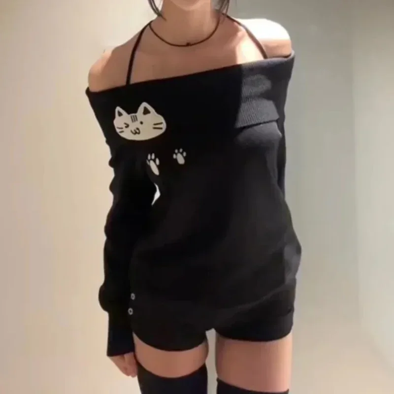 Autunno gotico vintage elegante Sweatershit donna Y2k slash neck stampa cartoon design top femminile sexy retrò abiti popolari coreani
