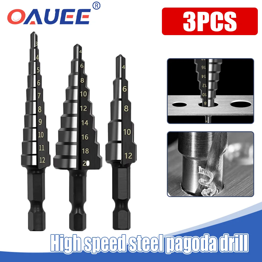 

3pcs HSS Straight Groove Step Drill Bit 3-12mm 4-12mm 4-20mm Nitride Black Hex Wood Metal Hole Cutter Core Drilling Power Tools