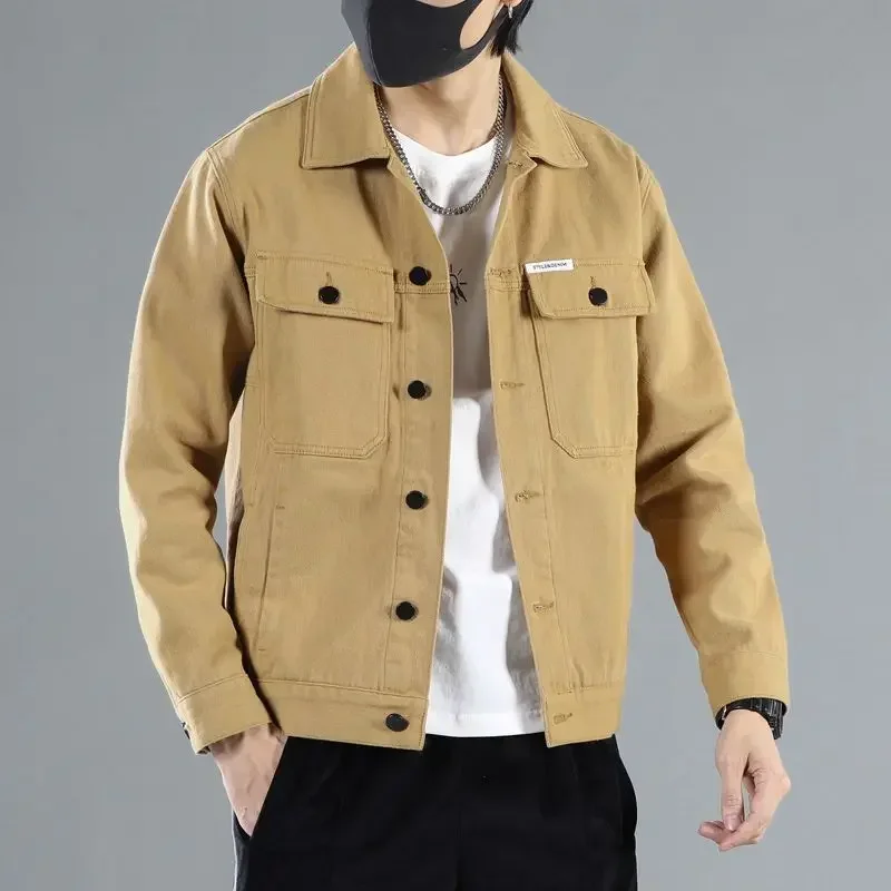 Khaki Jeans Coat for Men Japanese Autumn Denim Jackets Man Cheap Price Stylish One Piece G Washed Low Cost in Lowest Menswear