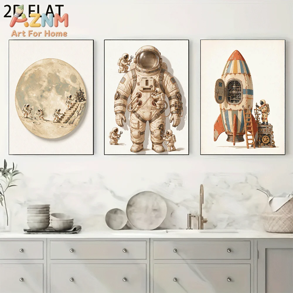 AZNM Frameless Canvas Wall Art, Retro Astronaut Rocket Moon Landing Print, Vintage Outer Space Exploration Wall Decor for Living