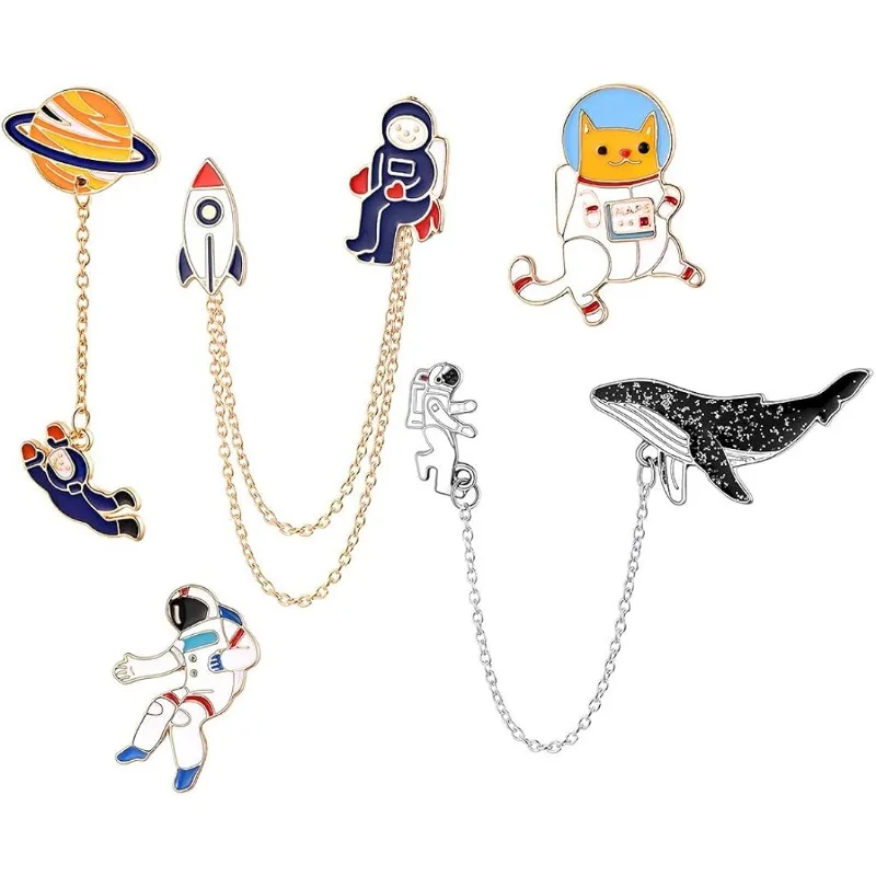 Juego de 5 Broches de Esmalte de la Serie Astronauta, Broches de Cohete, Gato, Ballena, Juego de Broches con Cadena, Broches de Solapa, Decoración para Chaquetas, Accesorios