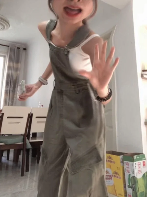 

Ретро-комбинезон из выстиранного денима в американском стиле для женщин: повседневные широкие брюки в уличном стиле, длинные штаны с высокой талией, карманами и удобной посадкой