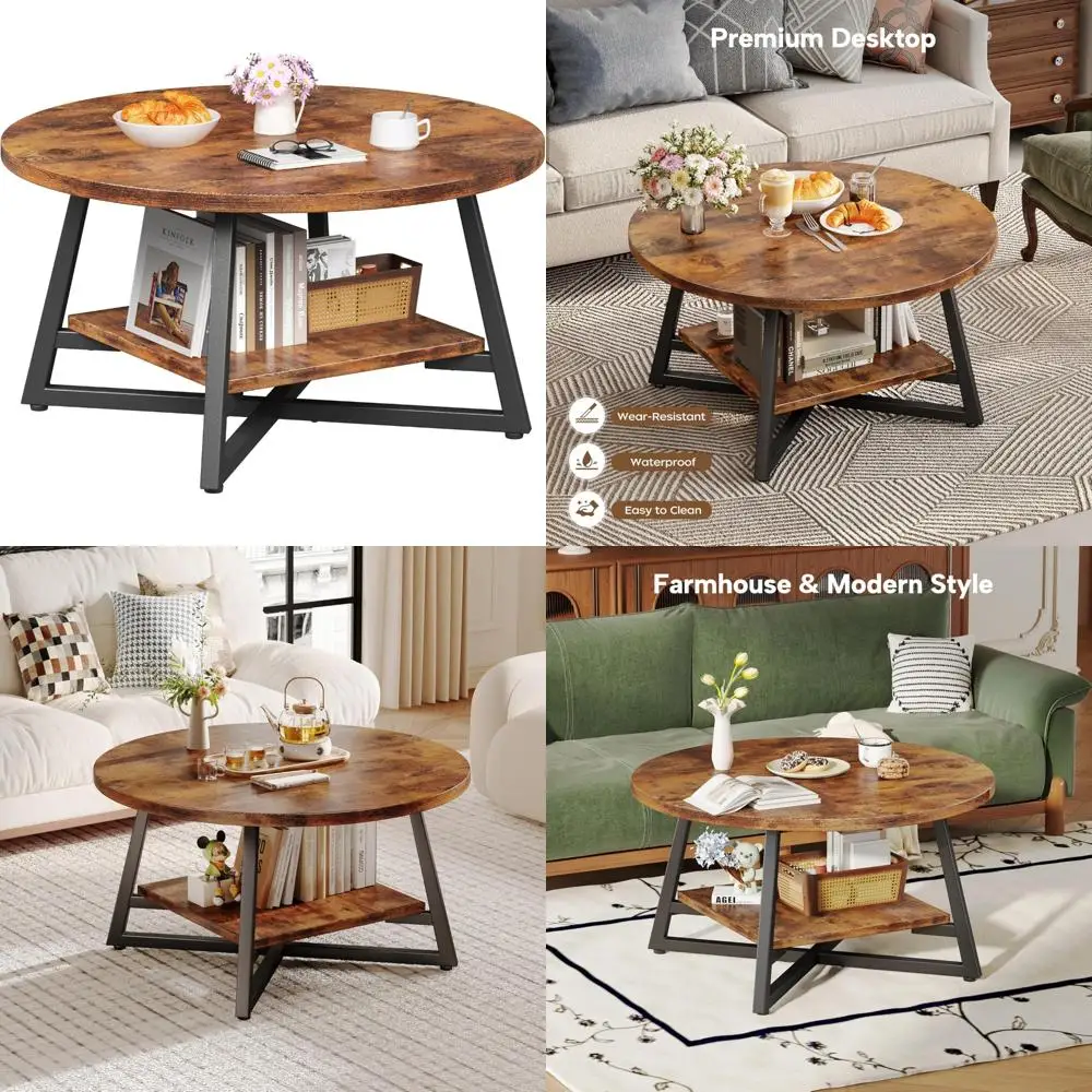 Table basse ronde avec rangement, table centrale moderne en bois pour salon et bureau à domicile, design peu encombrant