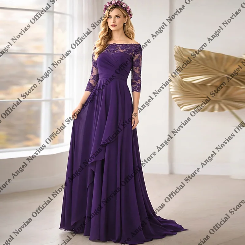 Vestidos largos morados con hombros descubiertos para la madre de la novia 2026 con mangas, vestido de fiesta para bodas, vestidos madre de novia para bodas