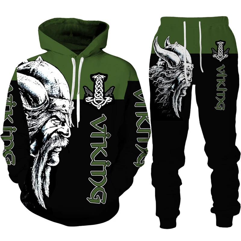 Lange Hülse Hoodie Männer Sets Herbst Pullover Trainingsanzug 3D Viking Printing Sportswear Lose Kleidung 2 Stück Mode Streetwear