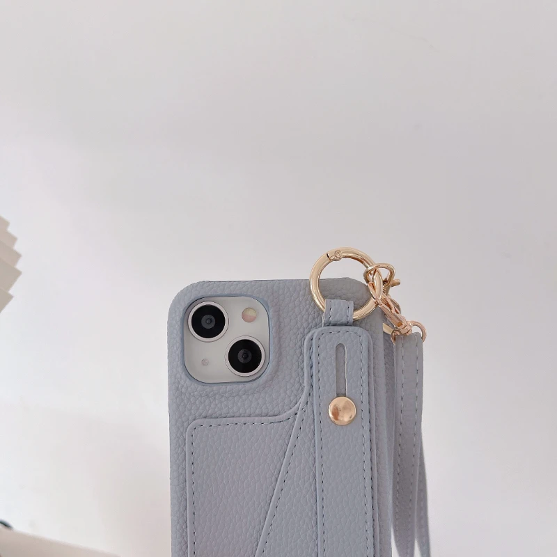 Nuovo iPhone 15 custodia da polso con anello in oro con inserto per scheda 12 13 14 promax Cross Body Strap Litchi Pattern 11 Cover per telefono All Inclusive