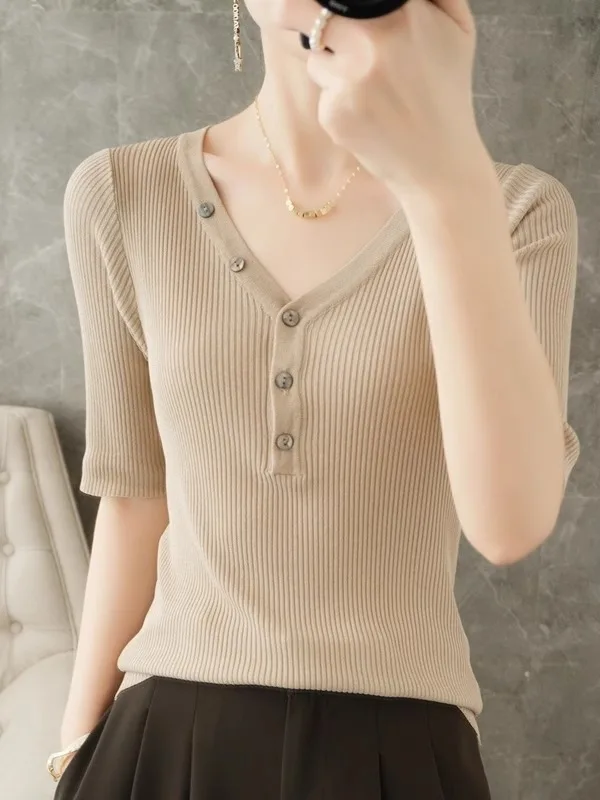 

Spring New Sle Women's Slim Fit ort Sve T-irt V-Ne Ice Silk Knitted Base irt Inner Wear Top Regular Fit Knitwear
