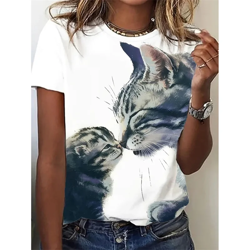 Funny Cat Pattern T-Shirt For Women Cute Pet Animal 3D Printed T Shirts Summer Fashion Tees Short Sleeves O-Neck Tops Streetwear