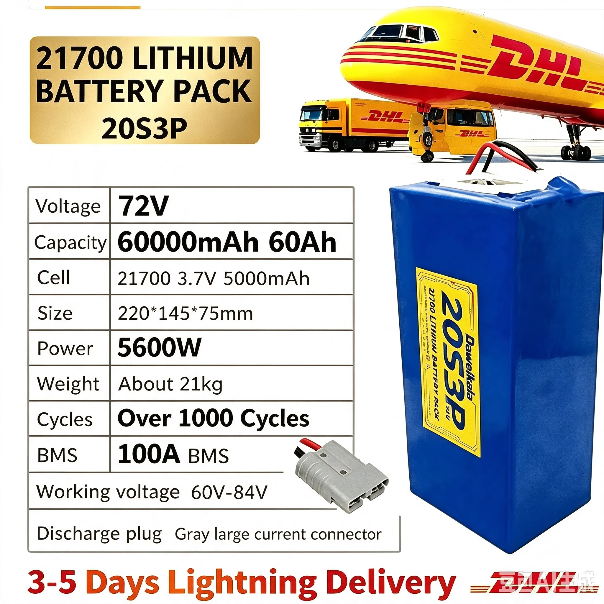 72V 60Ah 20S3P 21700 Lithium-Batteriepack, 100A BMS, max. 5600W Leistung, für E-Bike Elektroroller, mit Entladestecker, 1000+ Zyklen