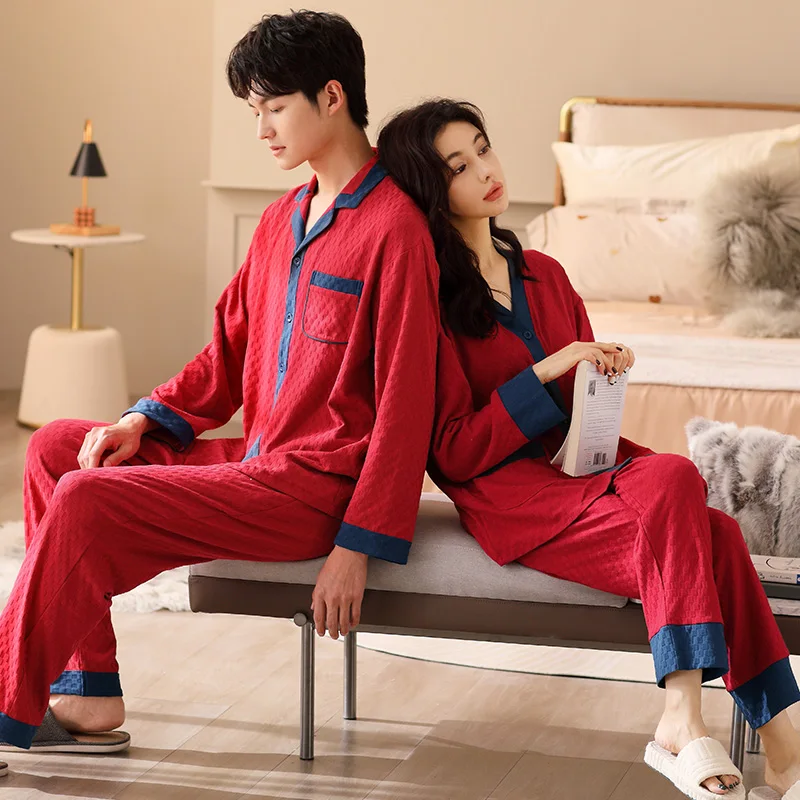 Couples V-Neck Pajamas Festive Red Pajama Sets Sleepwear Long Sleeve Tops + Pants Pyjamas Cotton Home Clothing Pijamas Mujer