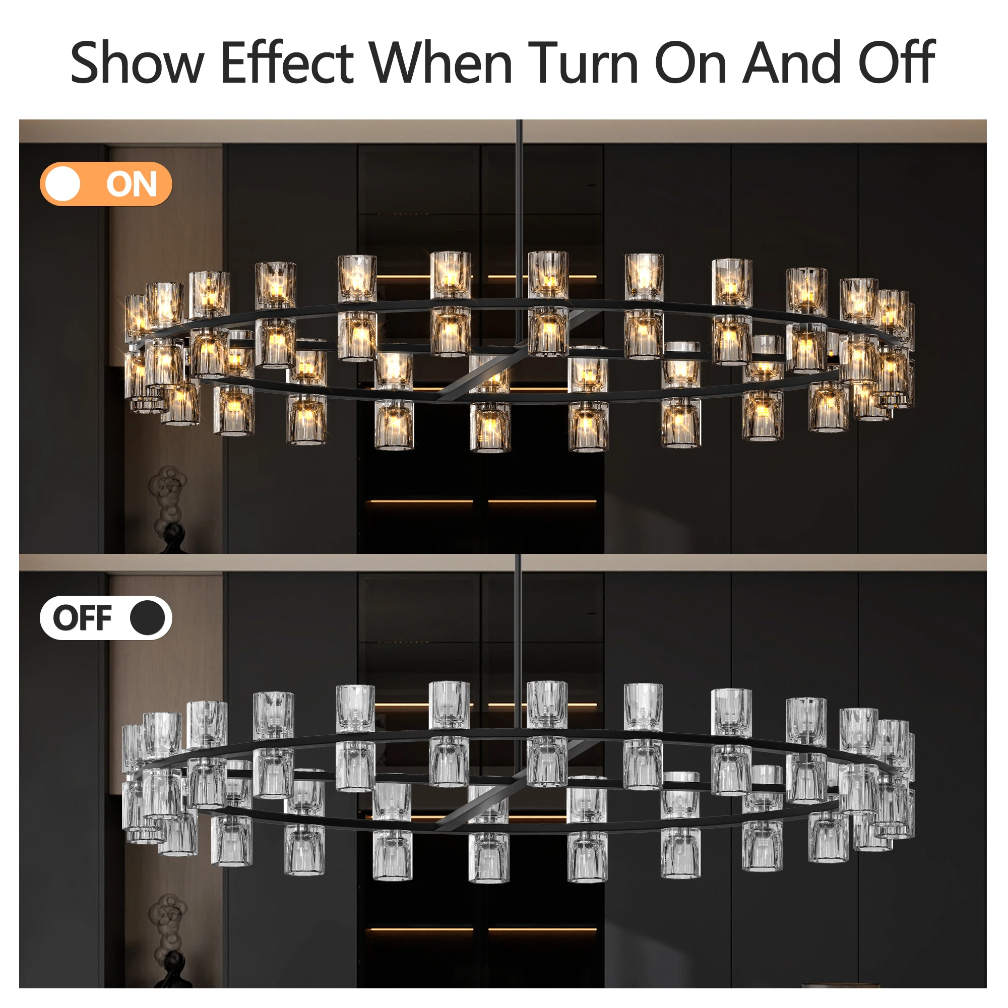 

Wagon Wheel over Table, Modern 48 Inch Black Round Chandelier Light Fixture, Crystal for Dining Room, Living Room