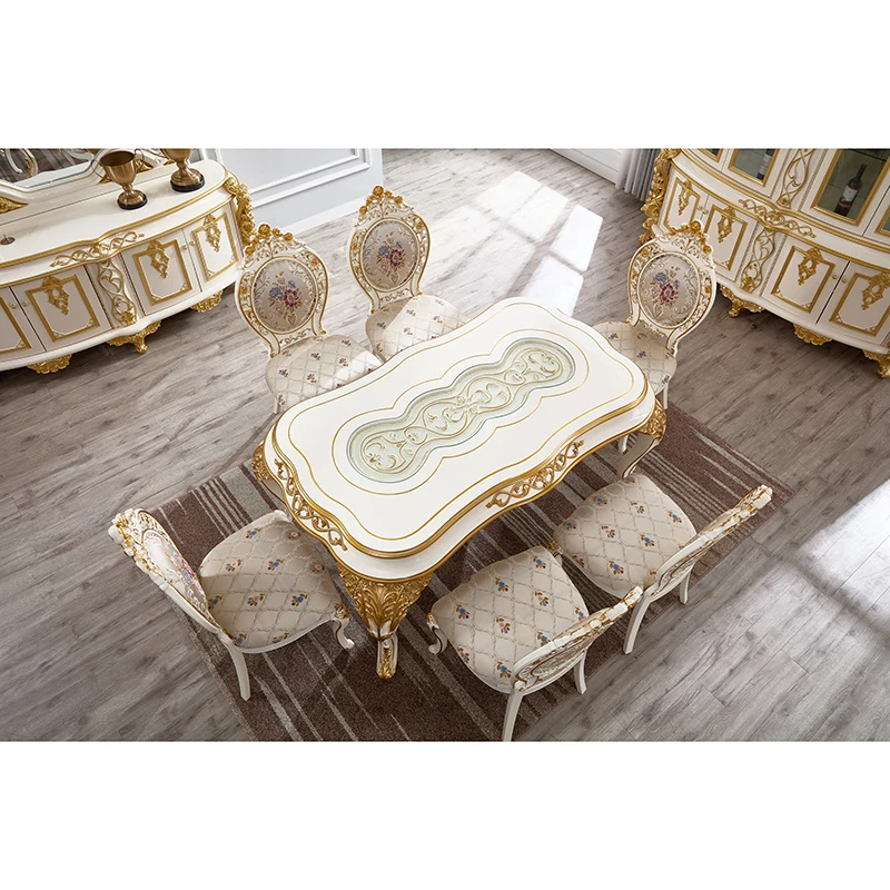 &European Style Classic Royal Luxury Dining Room Sets Furniture Antique Gold Complete Large 6 8 Seater Wooden Dining Table Set