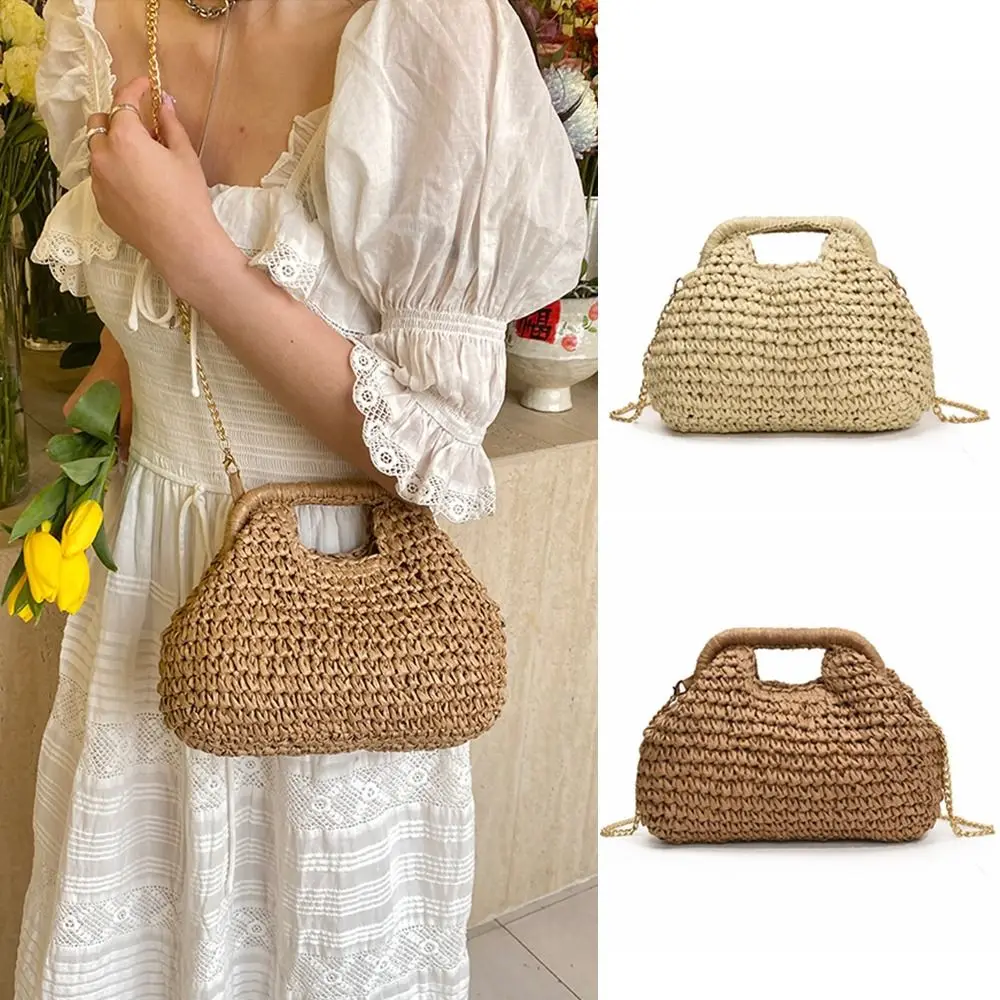 

Элегантная летняя соломенная сумка с цепочкой, повседневная соломенная сумка для отдыха, пляжная сумка-ведро в стиле бохо для женщин/девочек