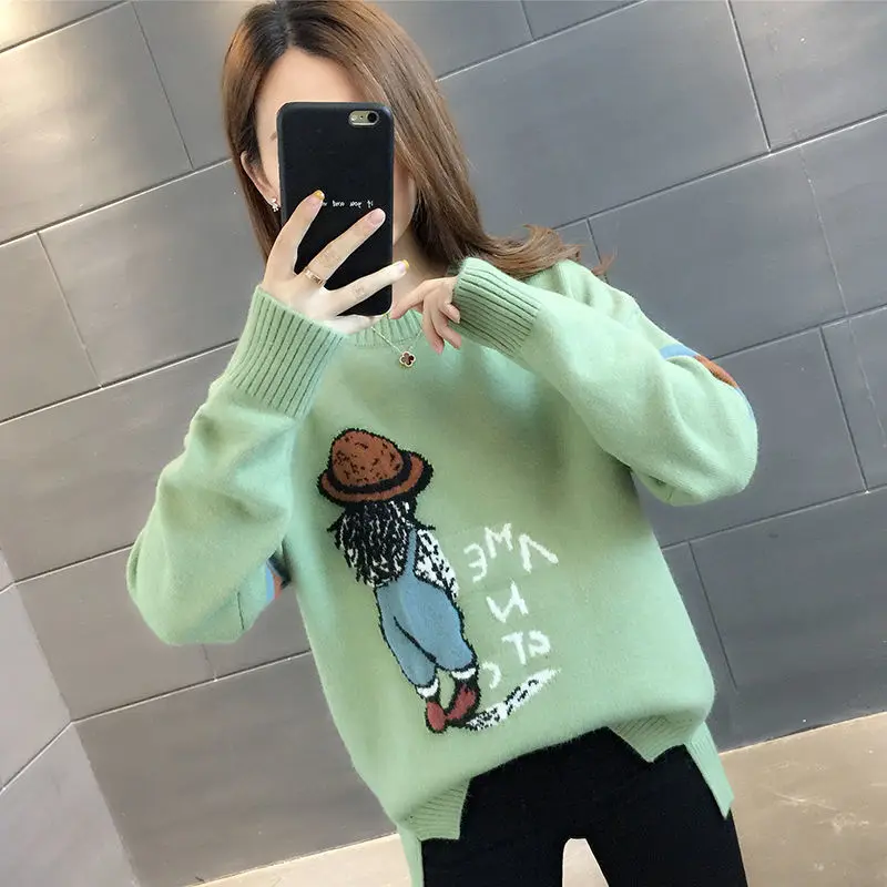 Sweet O-Neck Spliced Cartoon Embroidery Sweaters Female Clothing 2023 Autumn Winter Loose Korean Pullovers Asymmetrical Tops