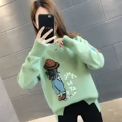 Sweet o-collo impiombato Cartoon ricamo maglioni abbigliamento femminile 2023 autunno inverno pullover coreani sciolti top asimmetrici