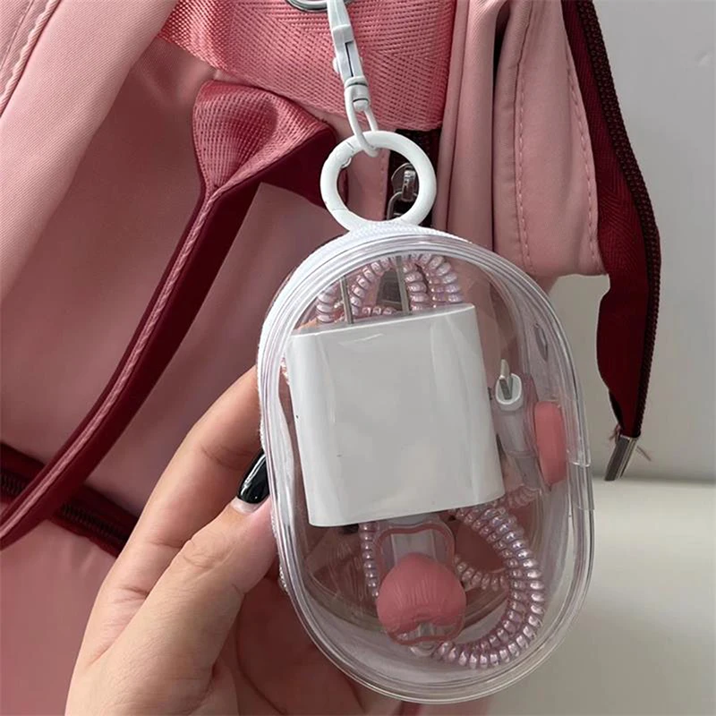 กระเป๋าจัดระเบียบ tas kosmetik โปร่งใส PVC ทรงรีสีดำสีขาวกระเป๋าจัดแสดงตุ๊กตาหูฟังแบบพกพาสายข้อมูลเหรียญกระเป๋าสำหรับเก็บอุปกรณ์ชาร์จ