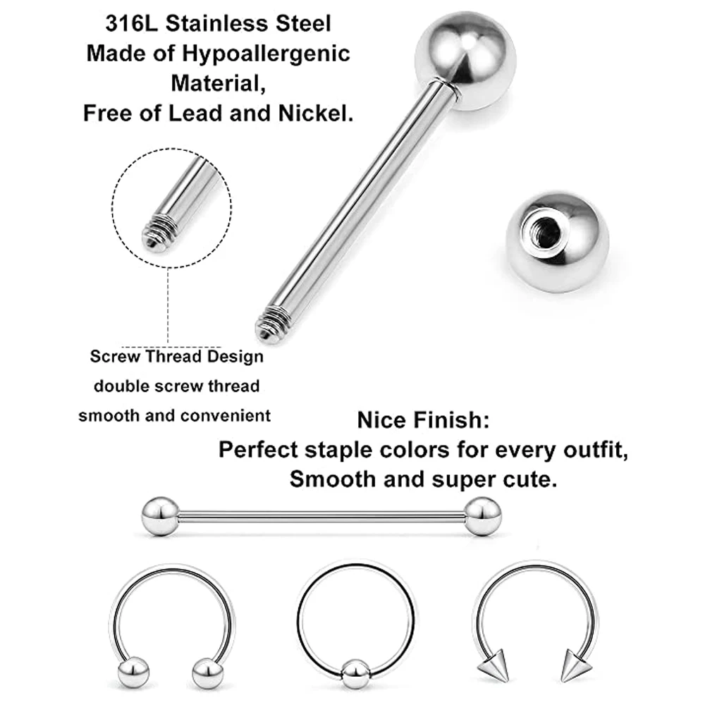 Piercing Kit Stainless Steel Eyebrow Rings Horseshoe Rin Industrial Piercing Jewelry Rings Women Men 14G 16G Piercing Needles