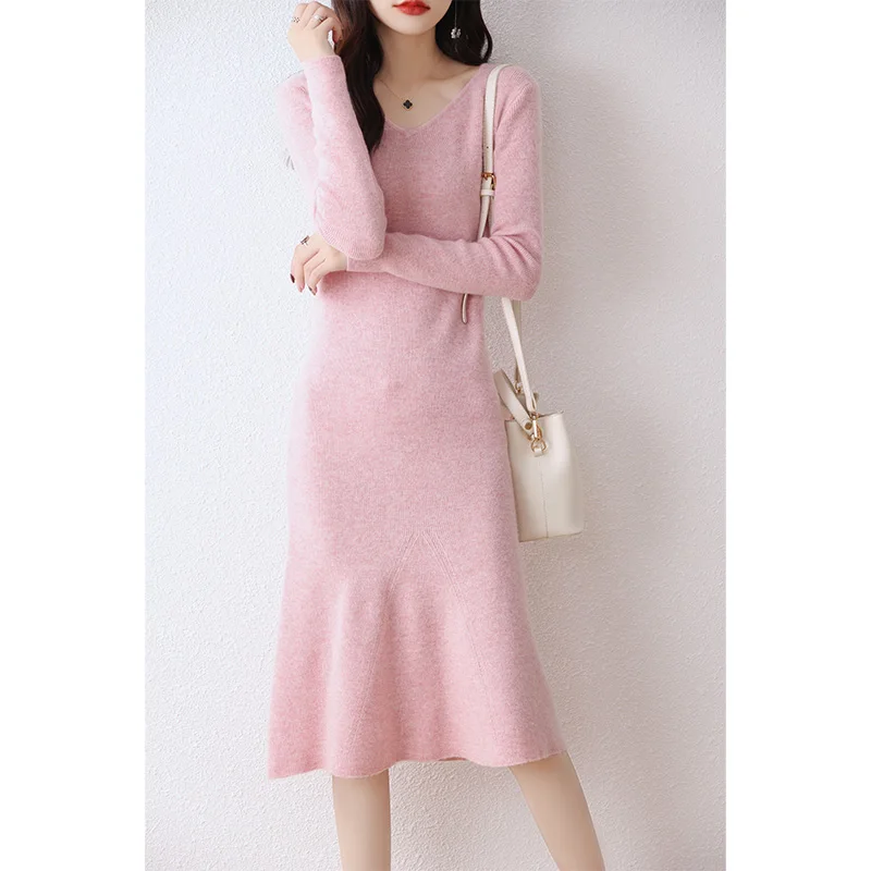 

Women's Mid Length V-Neck Knitted Dress 100% Pure Wool Slim Fit Sweater Cashmere Knee Length Style, Long Skirt Autumn and Winter