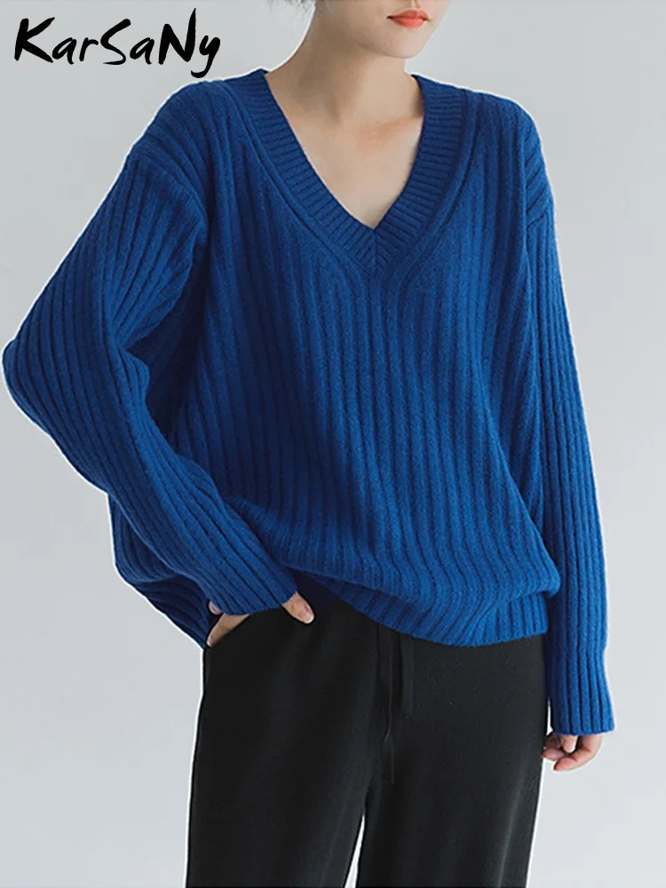 Warm Winter Women\'s Sweater Elegant Pullover Korean Clothes Women V Neck Womens Jumper Winter Knit Tops Blue Sweaters Oversized