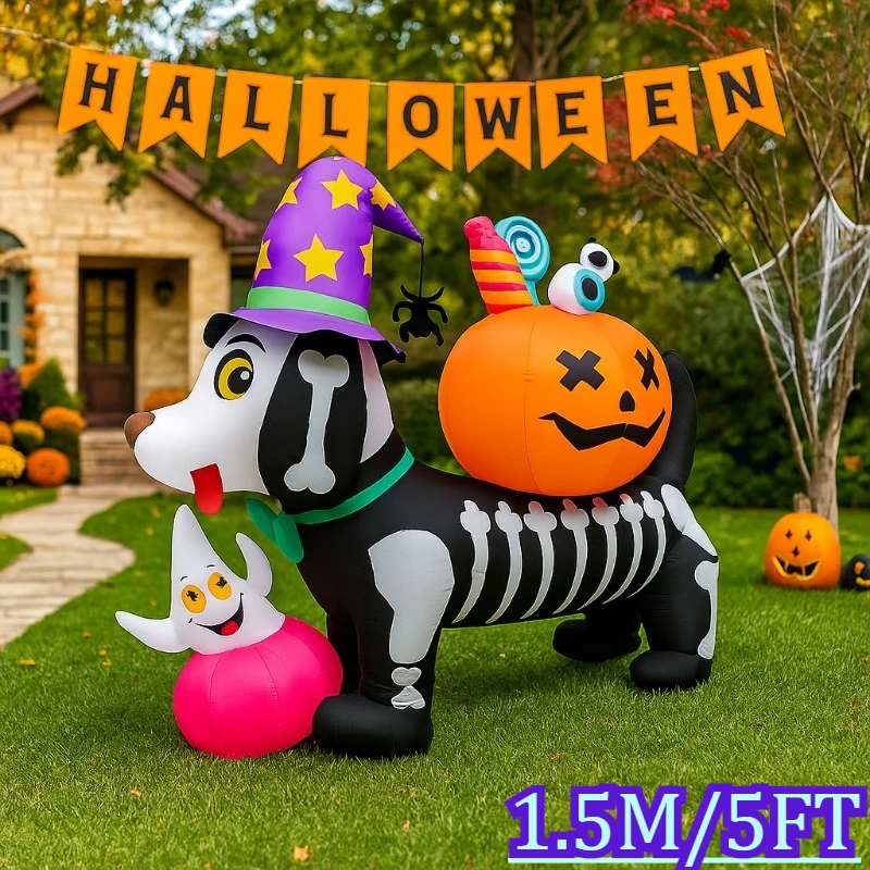

5FT Halloween Holiday Lighting Skeleton Dog with Pumpkin Blow Up Decorations LED Light Up Blow Up Courtyard Lawn Outside Decor
