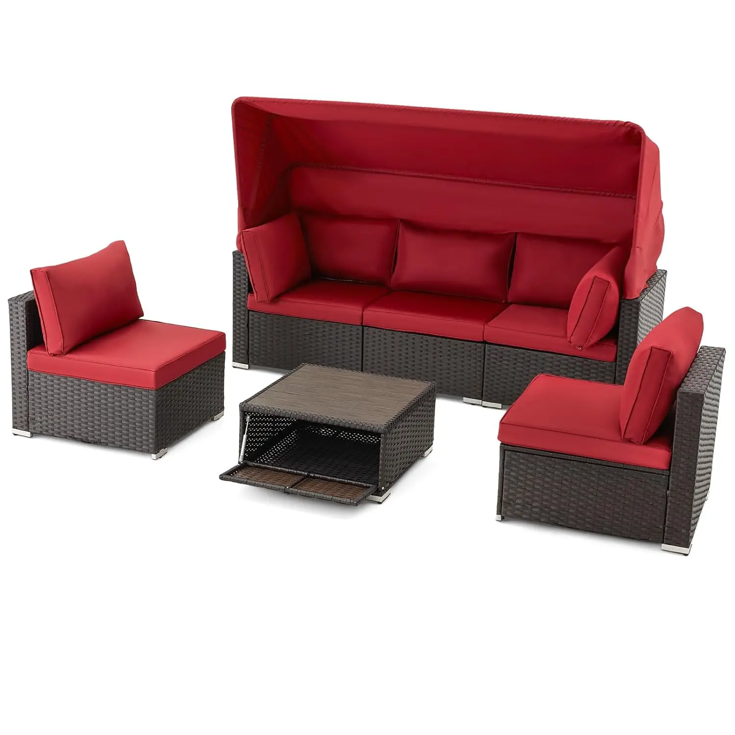 Ensembles de meubles de Patio 6 pièces, lit de repos en rotin avec auvent rétractable, ensemble de canapé sectionnel extérieur avec dossier réglable, Chais