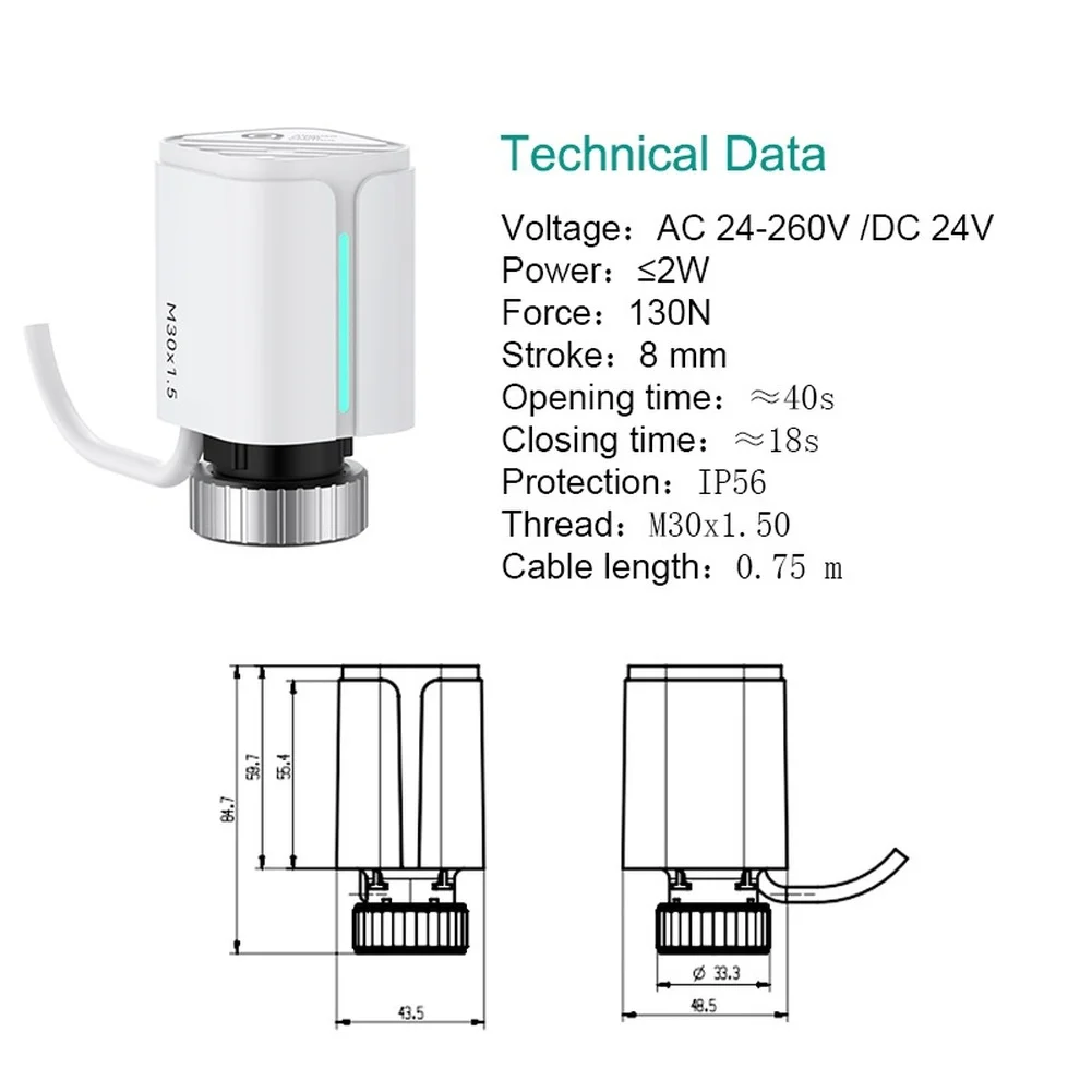For Underfloor Heating Actuator Electric M30x1.5 Normally Closed IP56 Protection Fast Cycle Time 40s Open 18s Close