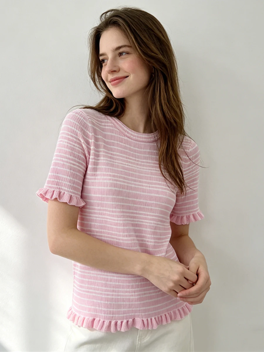 

Women's Summer Striped Round-Neck Knit Top, Short-Sleeve Ruffled Slim-Fit Youthful Texture T-Shirt Women's Top