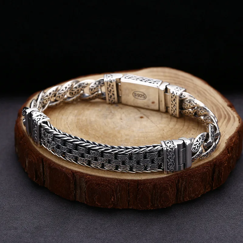 925 sterling silver bracelet, finely crafted, Tang grass pattern patchwork bracelet, fashionable Thai silver vintage jewelry