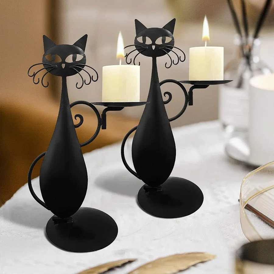ヴィンテージ黒猫キャンドルホルダー-–-素朴な農家の金属装飾、ホームファームハウスコテージ装飾、ハロウィーン秋のテーブルセッティング用