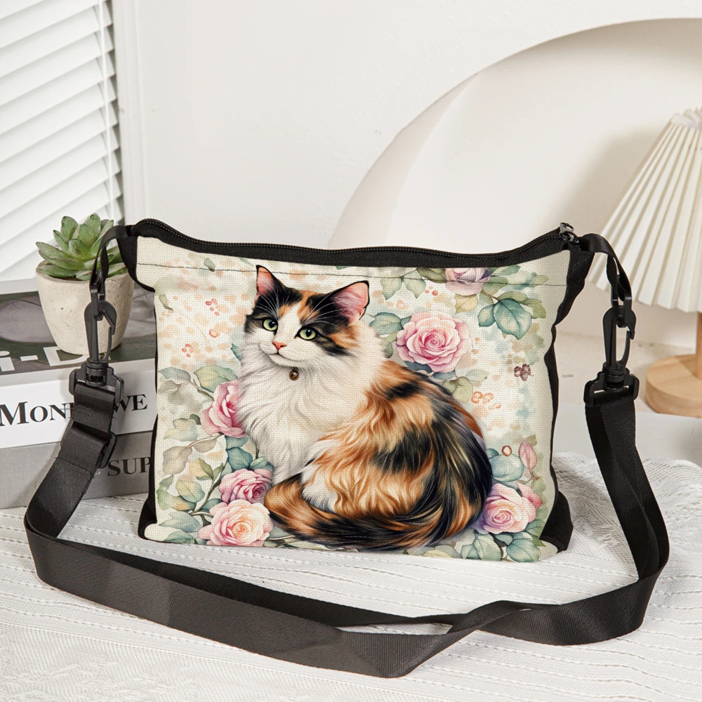 Cat Print Crossbody Bag Multicolor Floral And Cat Pattern Shoulder Bags For Women Casual Daily Use Travel Shopping With Adjustab