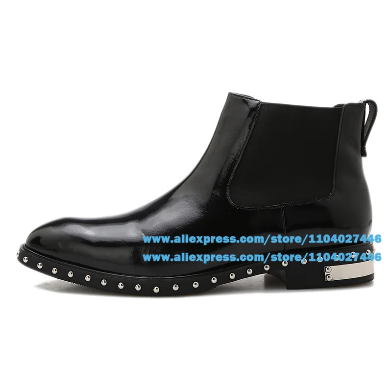 Rivets Trim Men's Boots Black Leather Elastic Band Slip On Wear-Resistant Booties Trendy Luxury Handmade Botas Men's Shoes