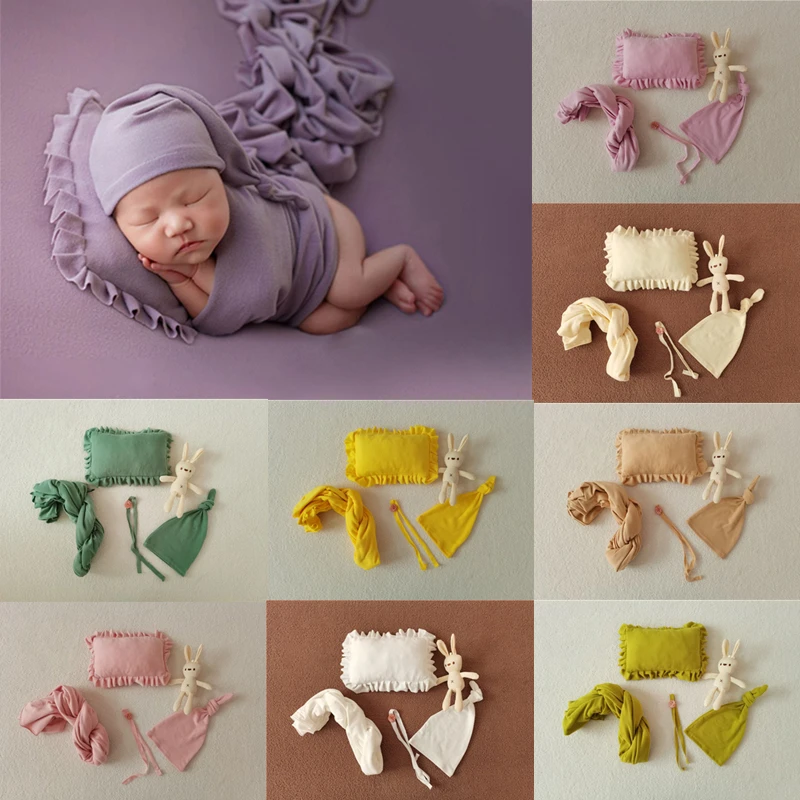 

Newborn Baby Photography Props Accessories Wrap Hat Pillow Headband Rabbit Doll 5pcs Set Infant Photo Costumes Outfits Elastic