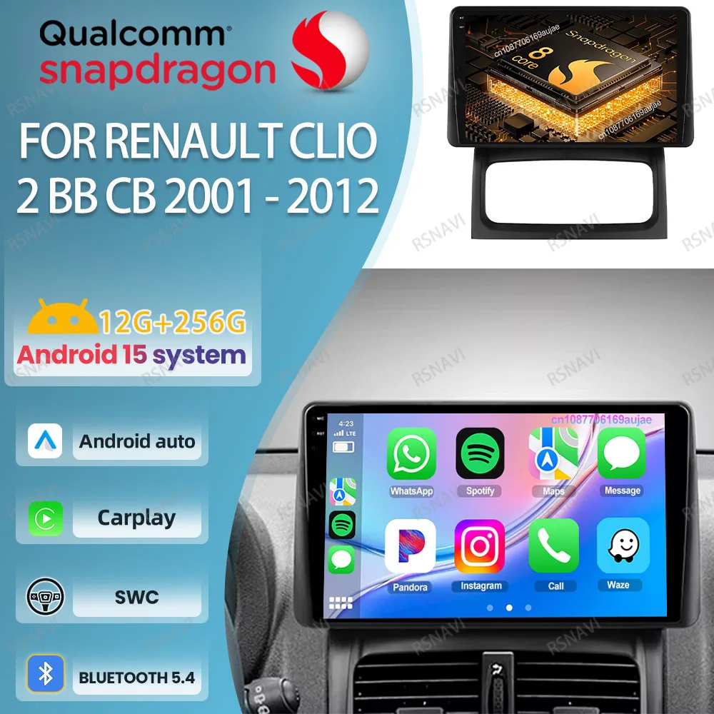 

Car Radio Android 15 For Renault Clio 2 BB CB 2001 - 2012 Multimedia Wireless Carplay Auto QLED Autoradio Viedo Player GPS BT
